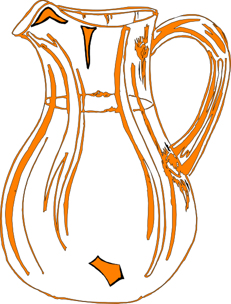 The image shows a black and white line drawing of an orange pitcher with two handles on either side.