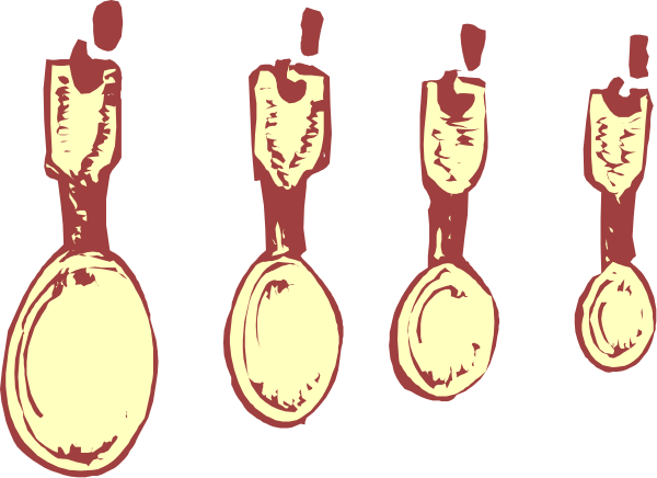 The image shows a row of five identical spoons hanging from hooks on what appears to be a wall with red stains at their bases.
