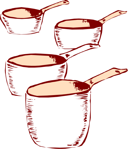 The image shows four pots with handles on a black background.