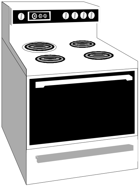 The image shows a white stove with four burners on top of it against a black background.