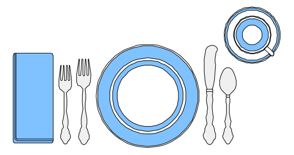 The image shows a collection of dining tableware items including plates, forks, knives, spoons, bowls, cups, wine glasses, and cutlery arranged in an orderly fashion on top of what appears to be a blue surface with white borders that resemble a banner or sign.