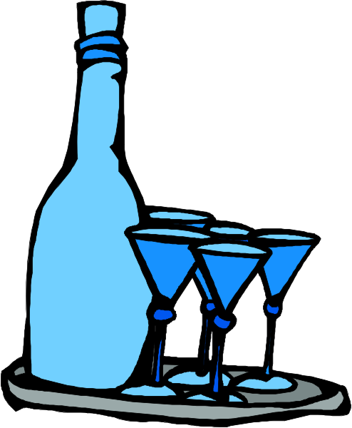The illustration shows a blue bottle of wine on top of two martini glasses filled with liquid that resembles cocktails; there is also an empty tray holding three more identical drinks next to it in front, suggesting a setting for serving beverages at a social gathering or event.