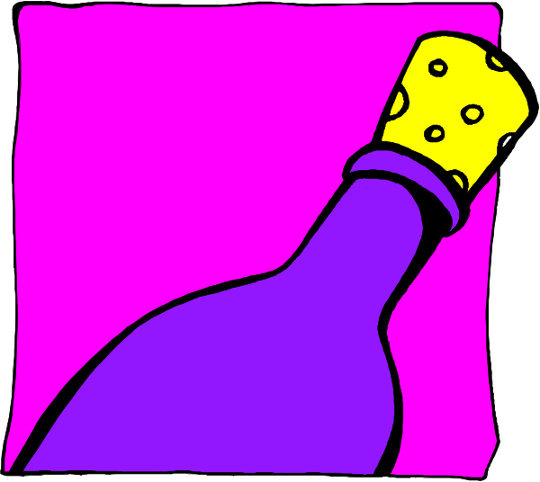 The image shows a purple bottle with gold caps on it against a pink background.