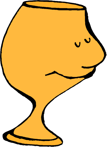 The image shows a cartoon of an orange wine glass with eyes drawn on it to look like a face sitting next to itself in front of another identical one.