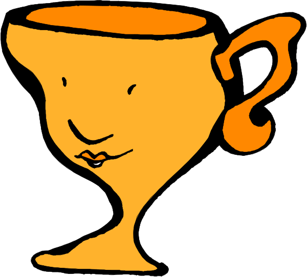 The image shows a cartoon of an orange trophy with two handles on either side topped by a smiling face atop it all.