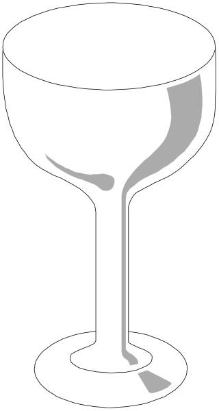The black and white illustration shows a wine glass with stem on top of it against a striped background.