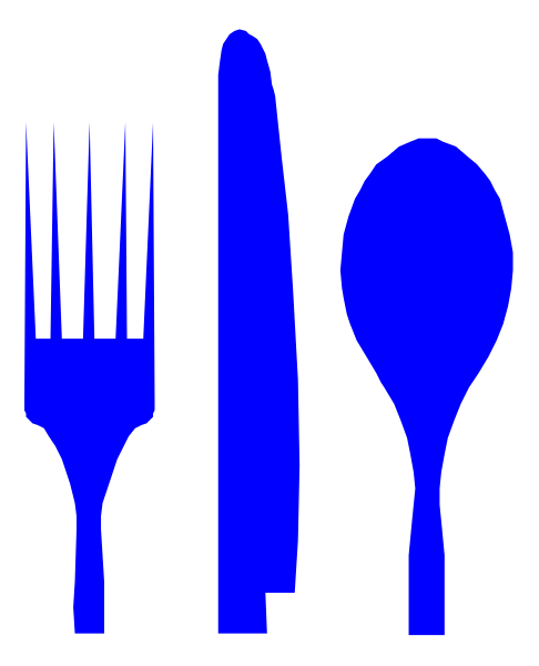 The image shows a blue fork, knife, spoon, and spatula arranged on top of each other against a black background.