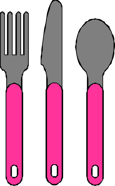 The image shows a set of four utensils: two forks with pink handles on top left corner; knife to its right in center bottom; spoon next to it also at center bottom but slightly behind the other items, and another fork mirroring the first one's position above them all.