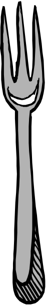 The black and white illustration shows a fork on top of an empty plate with two knives crossed behind it against a gray background.