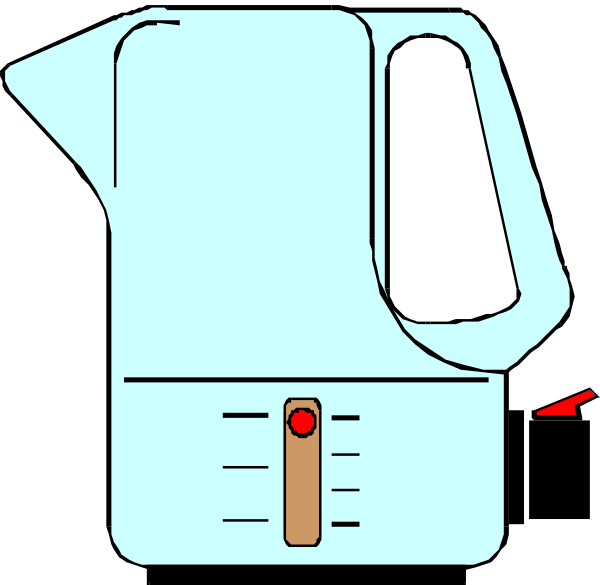The image shows a cartoon of an electric coffee maker with its lid open on top left corner against black background; it has two buttons: one red button in front labeled "start" and another white button above, both indicating controls for operation.