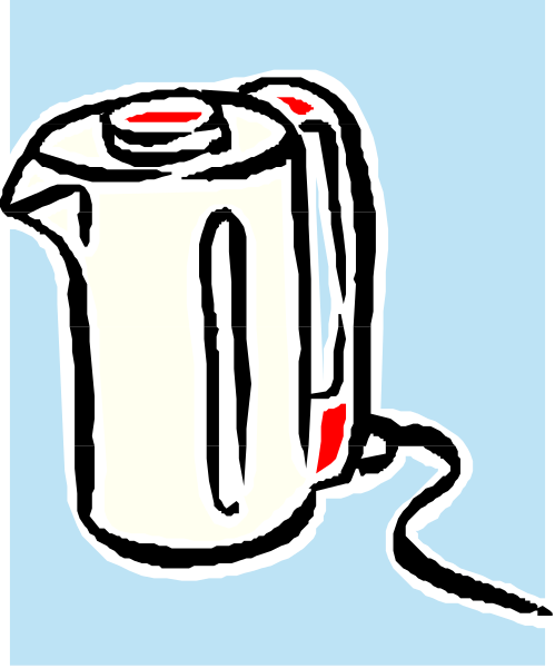 The image shows a toaster with an extension cord plugged into it against a blue background on what appears to be a computer screen displaying this clip-art illustration of a kitchen appliance in use.