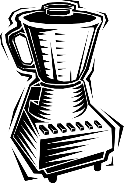 The black and white illustration features a blender on top of an organ with keys that resemble piano keys.