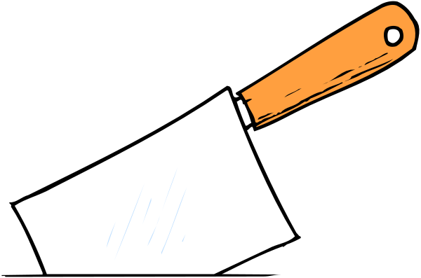 The black and white illustration shows a knife with an orange handle on top of what appears to be paperwork or documents in front of it.