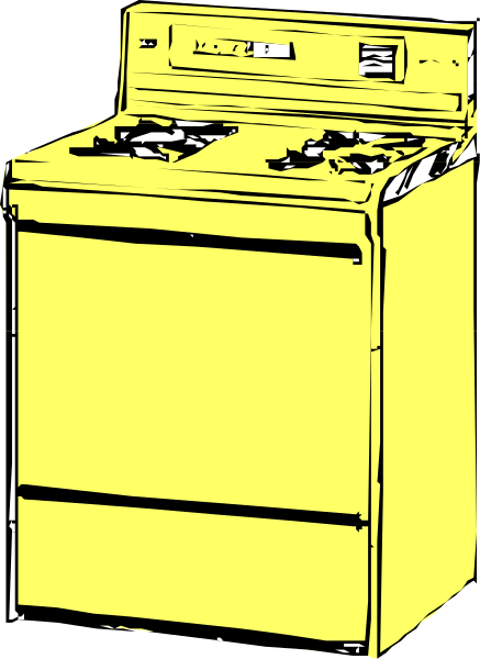 The image shows a yellow stove with an oven door open placed against a dark background; there is no text present on this clip-art illustration.