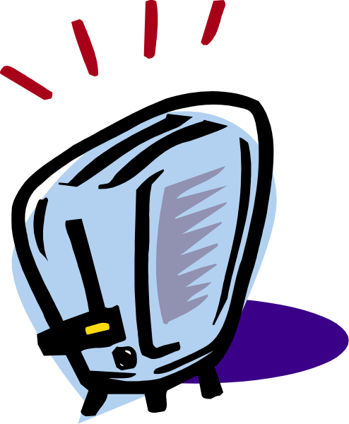 The cartoon shows a toaster with an antenna on top of it against a red background.
