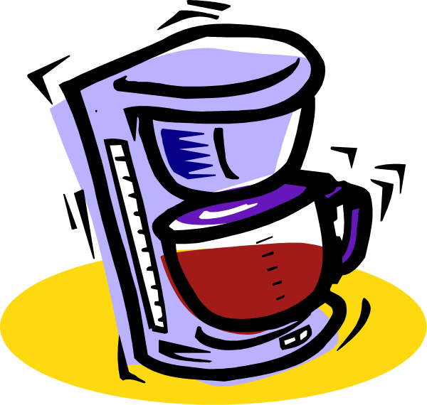 The cartoon shows a coffee maker with an open lid on top of it next to what appears to be spilled liquid, possibly water from boiling tea leaves inside the pot.