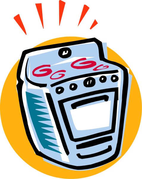 The image shows a cartoon illustration of an oven with two burners on top labeled "G" for gas stove, set against a yellow background that resembles a kitchen countertop.