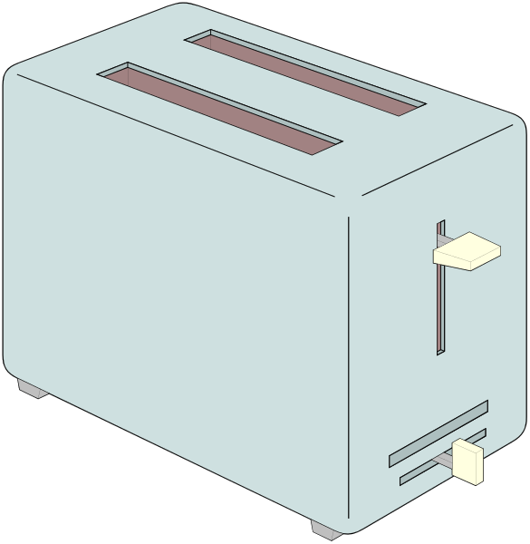 The image shows a toaster with its door open on top of an oven that is closed next to it against a black background.