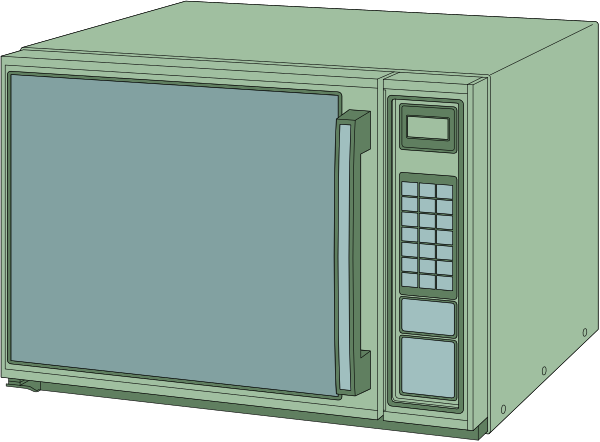 The image shows a computer rendering of an appliance that resembles a microwave oven with its door open to reveal what appears to be interior components such as shelves inside it.