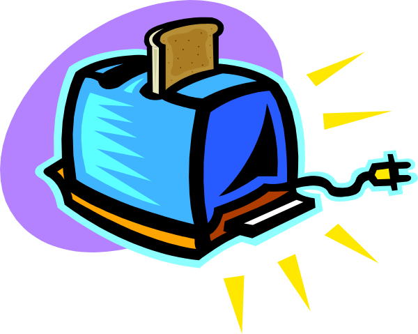 The image shows a cartoon depiction of an electric toaster with lightning bolts emanating from it on top of what appears to be a piece of toast in front of a purple background.