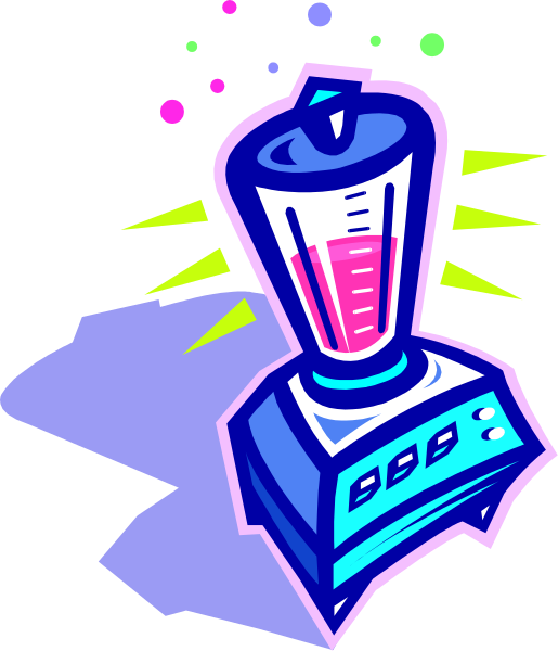 The illustration shows a cartoon depiction of an electric blender with pink liquid inside on top of what appears to be a countertop surface.