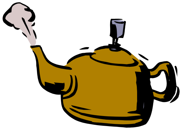 The image shows a cartoon of an orange teapot with two handles on top, sitting next to what appears to be a black stovepipe oven in front of it.
