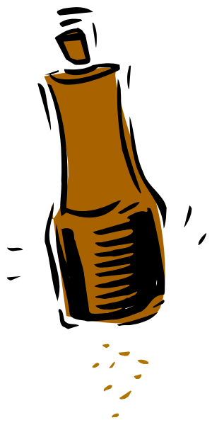 The black and white illustration shows a bottle of hot sauce with its cap off on top of what appears to be coffee beans in front of it against a dark background.