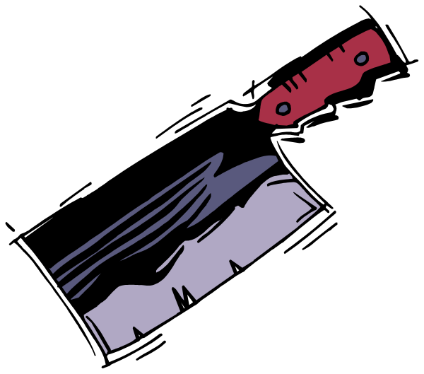 The black and white illustration shows a knife with its blade pointing upwards next to what appears to be an ice cream cone-shaped object that could possibly represent food on top of it.