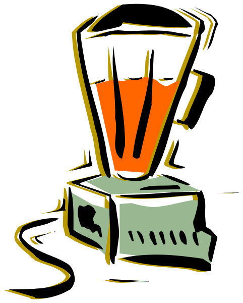 The illustration shows a blender with an orange liquid inside it on top of what appears to be a countertop next to some kind of machine that has two knobs in front of it.