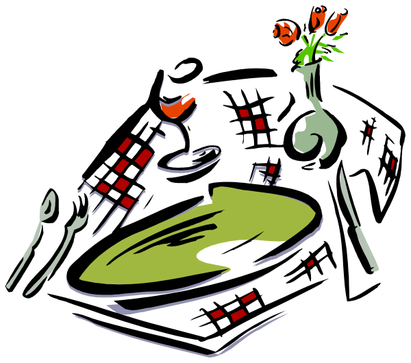 The black and white illustration shows a dining table with various items on it: there is food that looks like pizza slices; two wine glasses filled to varying levels of liquidity; one red flower in full bloom, another budding but not yet open; an orange slice or wedge next to the flowers. There are also some utensils visible such as a fork and knife on either side of what appears to be a plate with food items that could possibly include pizza slices again. The background is darker than the tabletop, providing contrast for these objects.