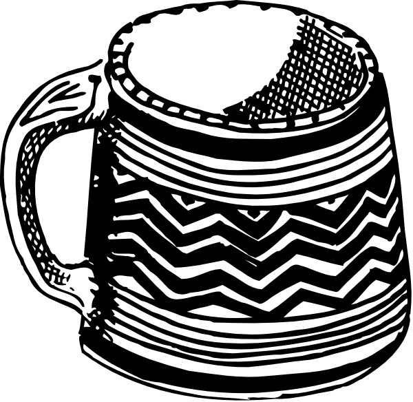 The black and white illustration shows a mug with an intricate pattern on its side placed next to another similar cup that has been turned upside down.