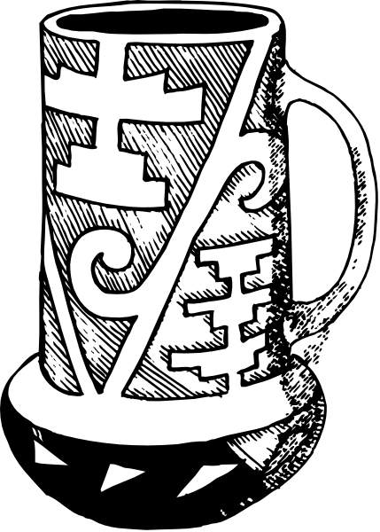 The black and white illustration shows a coffee mug with an intricate design on it that includes what appears to be symbols of various types such as letters, numbers, shapes, possibly representing different things like alchemy signs or other esoteric elements; there is no text present in the image.