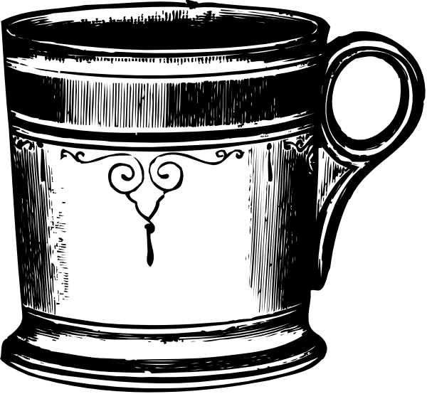 The black and white illustration shows two identical mugs with a handle on top of each other against a dark background.
