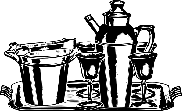 The black and white photo shows a collection of kitchen utensils including cups, bowls, spoons, knives, bottles, pots, kettles, teapot, coffee pot, sugar bowl, salt shaker, pepper grinder, measuring cup, can opener, bottle openers.