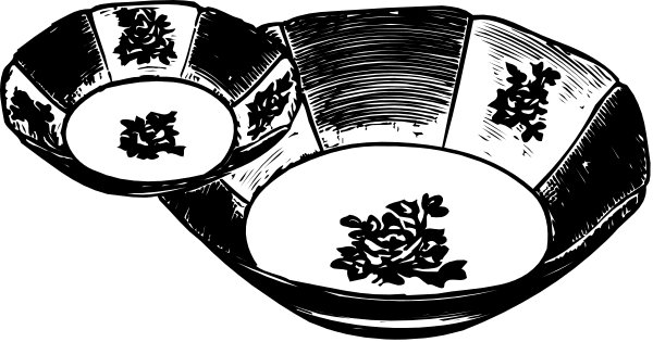 The black and white illustration shows a table with three plates of food on it: two have what appears to be meatballs in gravy, while one has something that looks like fried eggs; there is also an empty plate atop another round object which could possibly represent a pizza or some other type of baked dish.