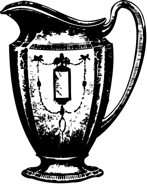 The black and white illustration shows a large vase with an intricate design on its side, featuring what appears to be a candle holder atop it; there is no text present in this image.