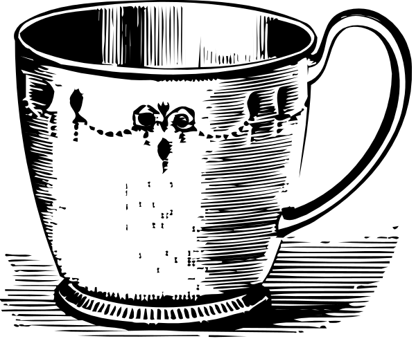 The black and white illustration shows a cup with two handles on top of it placed against an indistinct background that appears to be dark in color.