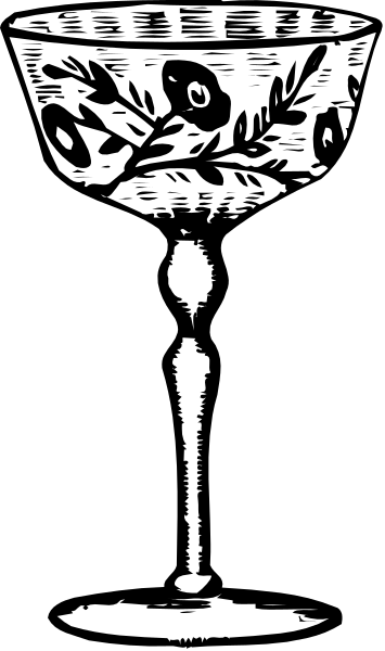 The black and white illustration shows a wine glass with an intricate design on its stem placed against a dark background.