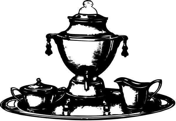 The black and white photo shows a tea set on an elegant tray with teacups placed next to it.