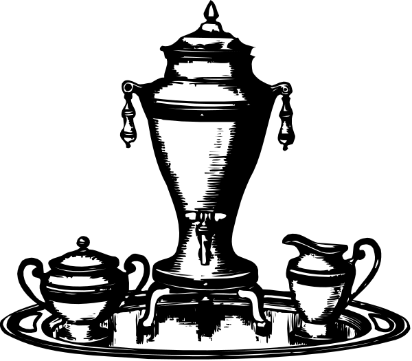 The black and white photo shows a coffee pot with two cups on either side of it placed atop what appears to be an old-fashioned stove top oven in front of which there is another cup.