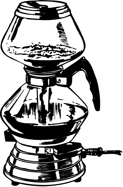 The black and white illustration shows a coffee pot with two handles on top of it placed next to an open flame candle holder that has one wick in use.