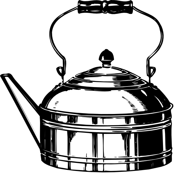 The black and white illustration shows a tea kettle with an open lid on top of what appears to be a stove burner in front of it.