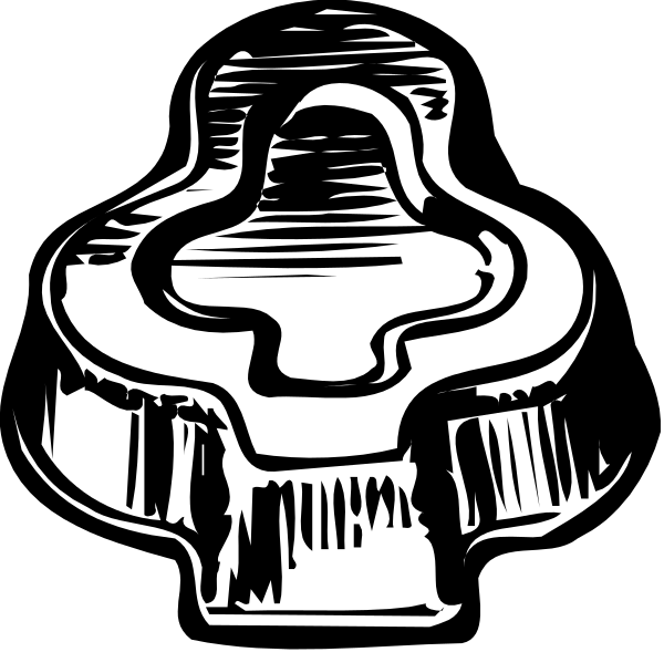 The black and white illustration shows a toilet bowl with its lid up next to an object that resembles a wrench handle on top of it.