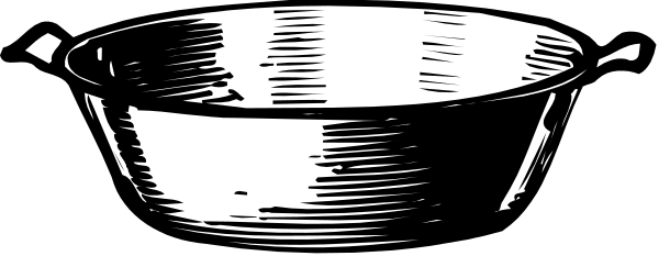 The black and white illustration shows a single pan with its handle facing upwards on what appears to be an oven door in a kitchen environment.