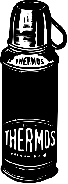 The image shows a black and white photo of two thermos bottles with text on them placed side by side against a dark background.