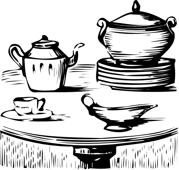 The black and white illustration shows a teapot on top of what appears to be an oven with two doors, next to it is another object that looks like a tea pot but has handles instead of spouts, both items have intricate designs around their necks; in front are three cups or saucers.