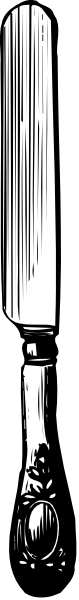 The image shows a closeup of an object with textured surfaces that resembles a knife blade on its side against a blurred background; there is no clear indication of any other objects, people, animals, actions, or setting in this small clip-art style picture.