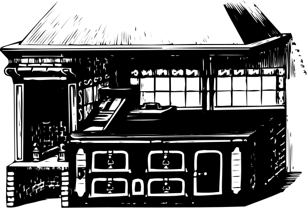 The black and white photo shows a room with various items such as shelves on both sides of an open doorway leading to another area that appears darker than this one; there is no text present in the image.
