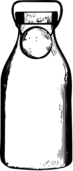 The black and white photo shows a bottle of milk with its cap on top against a dark background.