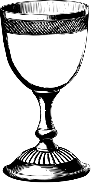 The black and white illustration shows a chalice with two handles on either side of it placed against a dark background.